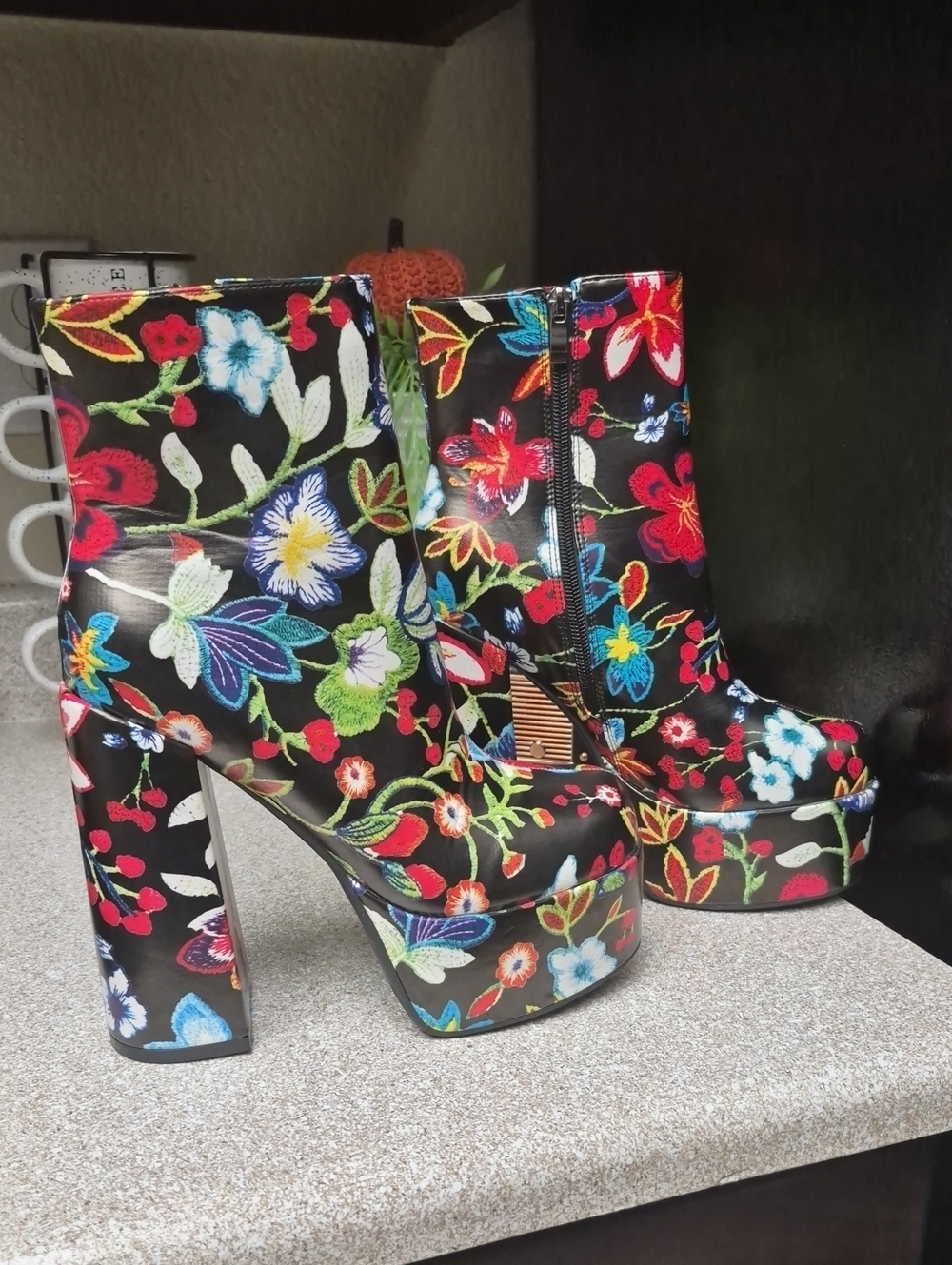 Floral Embroidered Platform Ankle Boots in Black